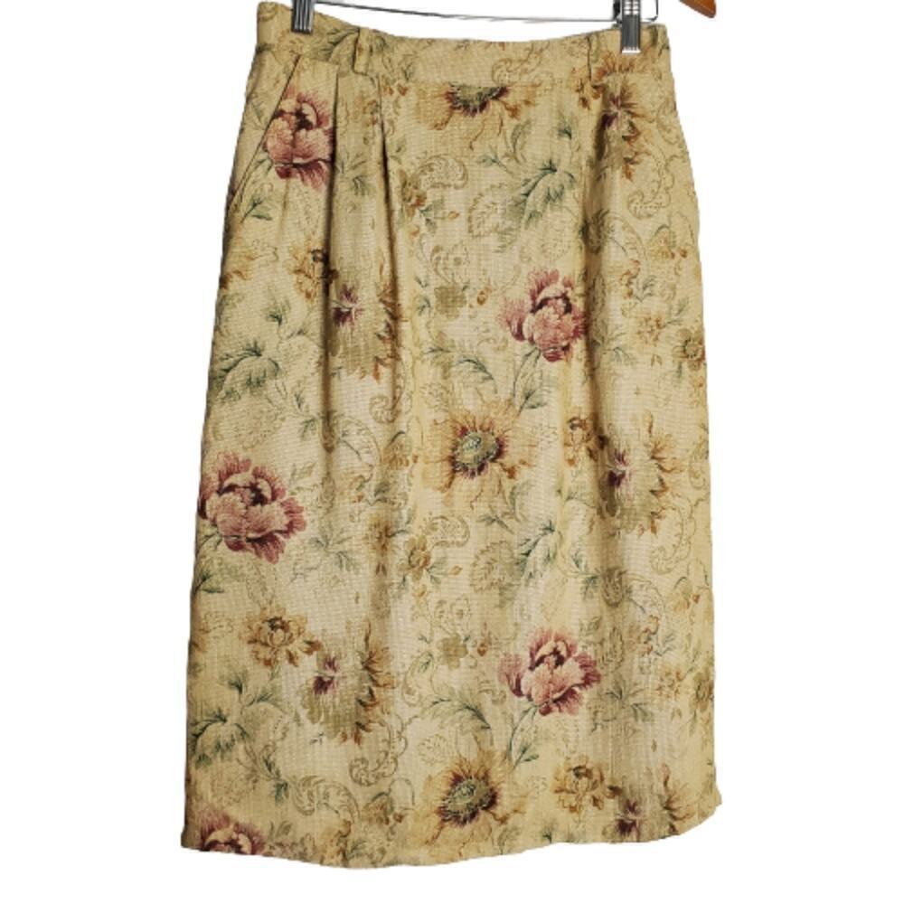 Vintage Leslie Fay Linen Skirt Women Small Tan Floral Cottage Preppy Coquette